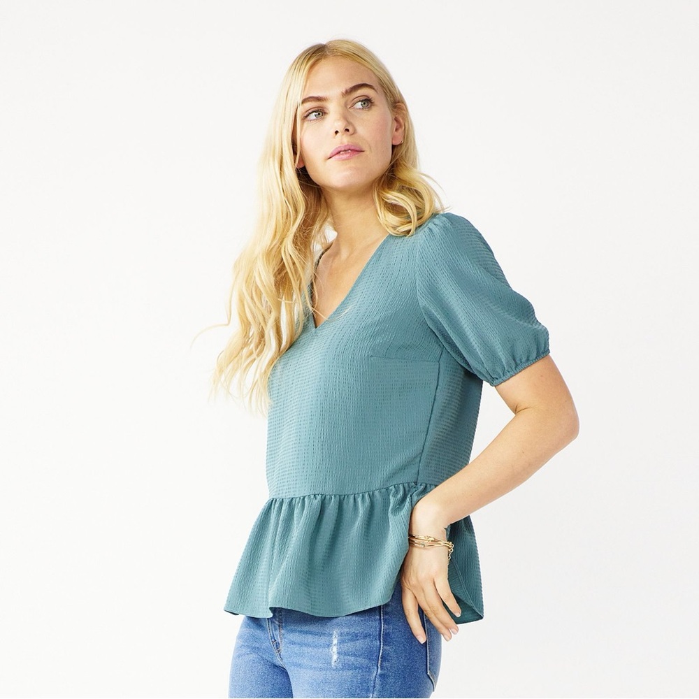 Nine West Teal Blue Puff Sleeve Peplum Blouse